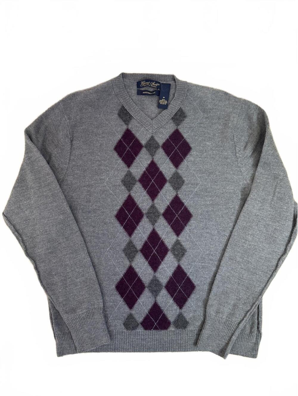 VTG Men’s M Garrett Scott Extra Fine Merino Wool Gray Argyle V-Neck Sweater